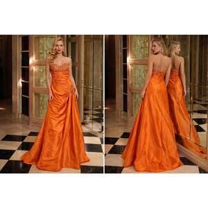 Alyce Paris Orange Strapless Beaded Evening Gown  Ruched Bodice Formal Prom sz 4